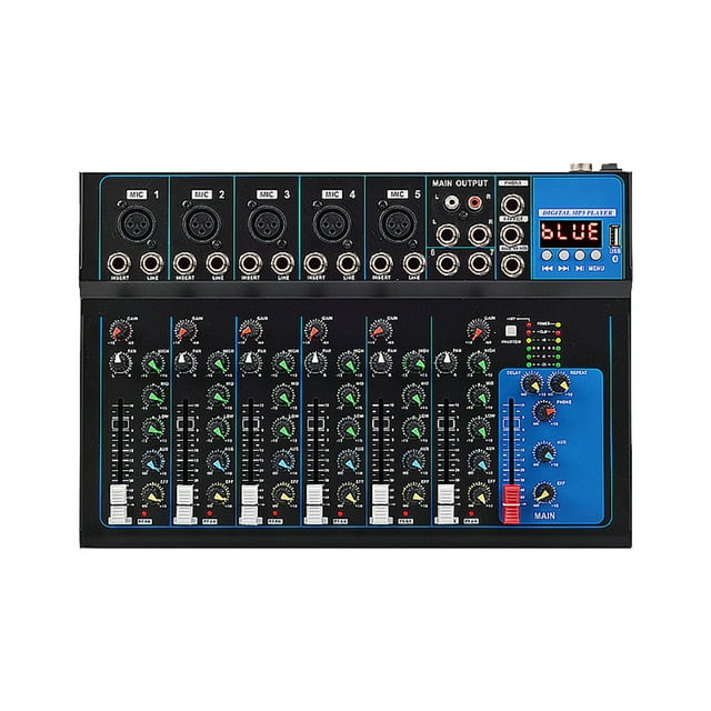 7-Channel F7 Audio Mixer with Bluetooth & USB, 48V Phantom Power, Digital Reverb, LED Display - Professional for Stage Performances, Live Streaming, KTV, Meetings, DJs - Black ABS Build, US/EU Plug