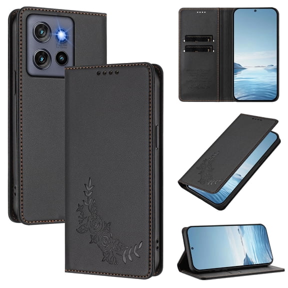 Floral Embossed PU Leather Flip Wallet Case for Motorola Moto G Play 2026,Magnetic Buckle Cover with Card Slots Cash Pocket RFID Blocking Shockproof Dropproof Stand&Wireless Charging,Black