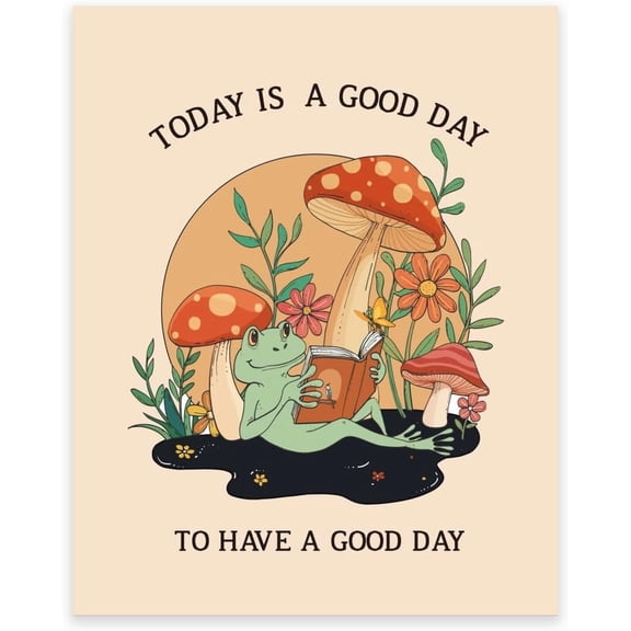 1 Pc Cute Frog In Mushroom Wall Art Today Is A Good Day To Have A Good Day Wall Poster Unframed Positive Quotes Inspirational Prints Vintage Hand-painted Poster