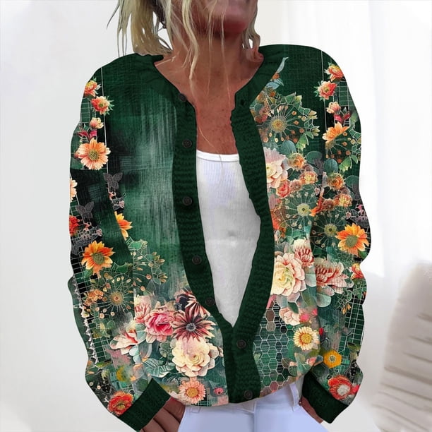 Cárdigan informal de punto con estampado floral para mujer, chaqueta abotonada y abrigo superior para mujer
