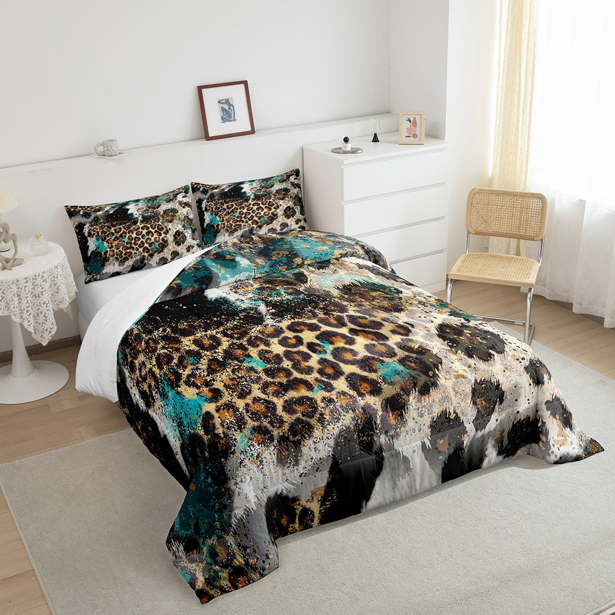 Leopard Print Comforter Set Twin Size,Adults Bedroom Decor,Black White Cow Texture Down Comforter,Abstract Animals Bedding Set,Rustic Farmhouse Duvet Insert