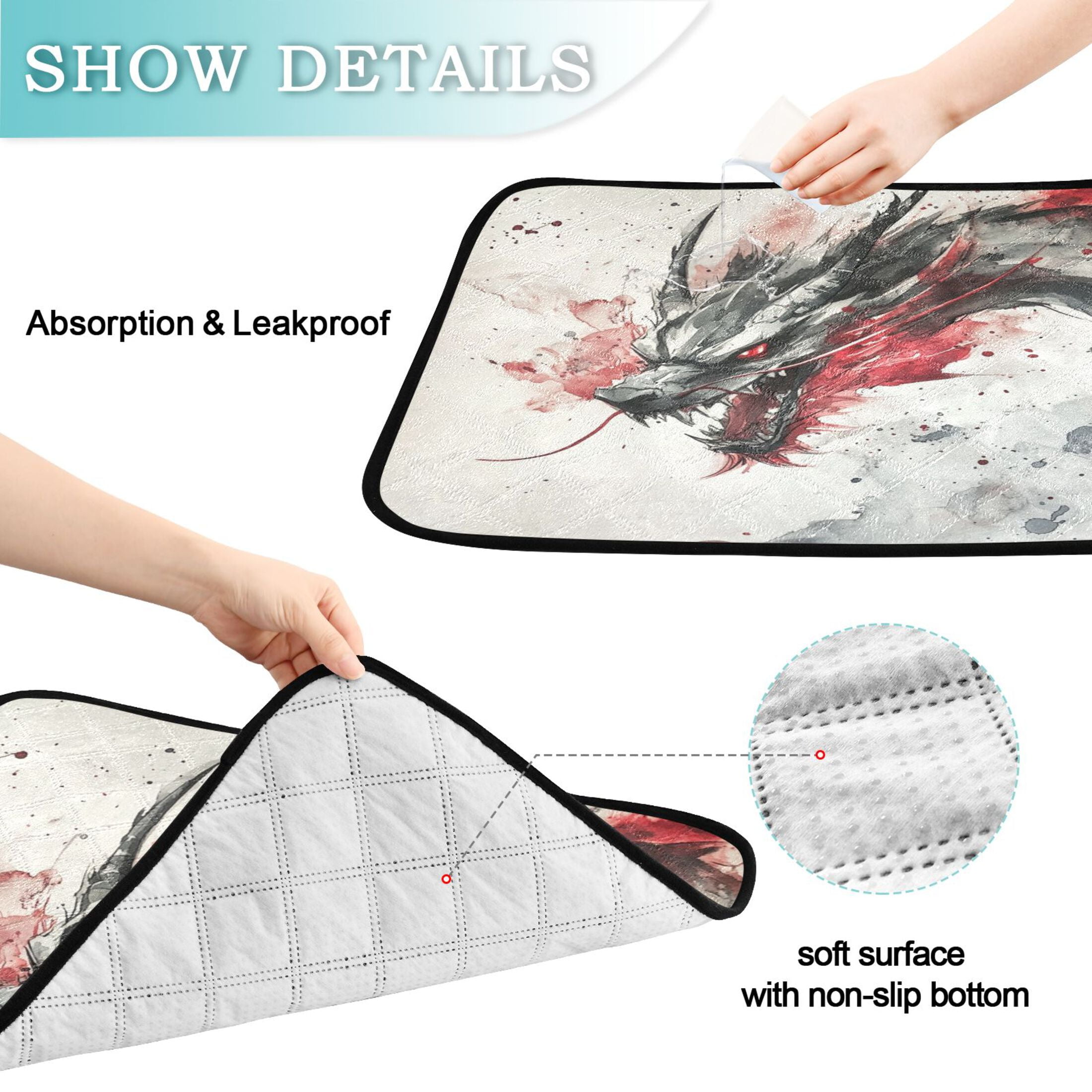 Qxltty Black and Red Dragon Cat litter Pads Pet Set of 3 Diaper Mats Center Anti-leakage Layer Absorbent Soft and Comfortable