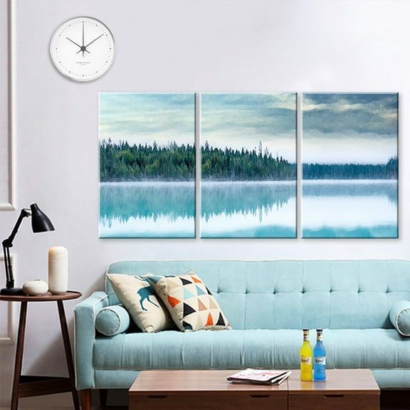 wall26 - 3 Panel Canvas Wall Art - Watercolor Painting Style Forest Reflection on The Lake - Giclee Print Gallery Wrap Modern Home Art Ready to Hang - 16"x24" x 3 Panels
