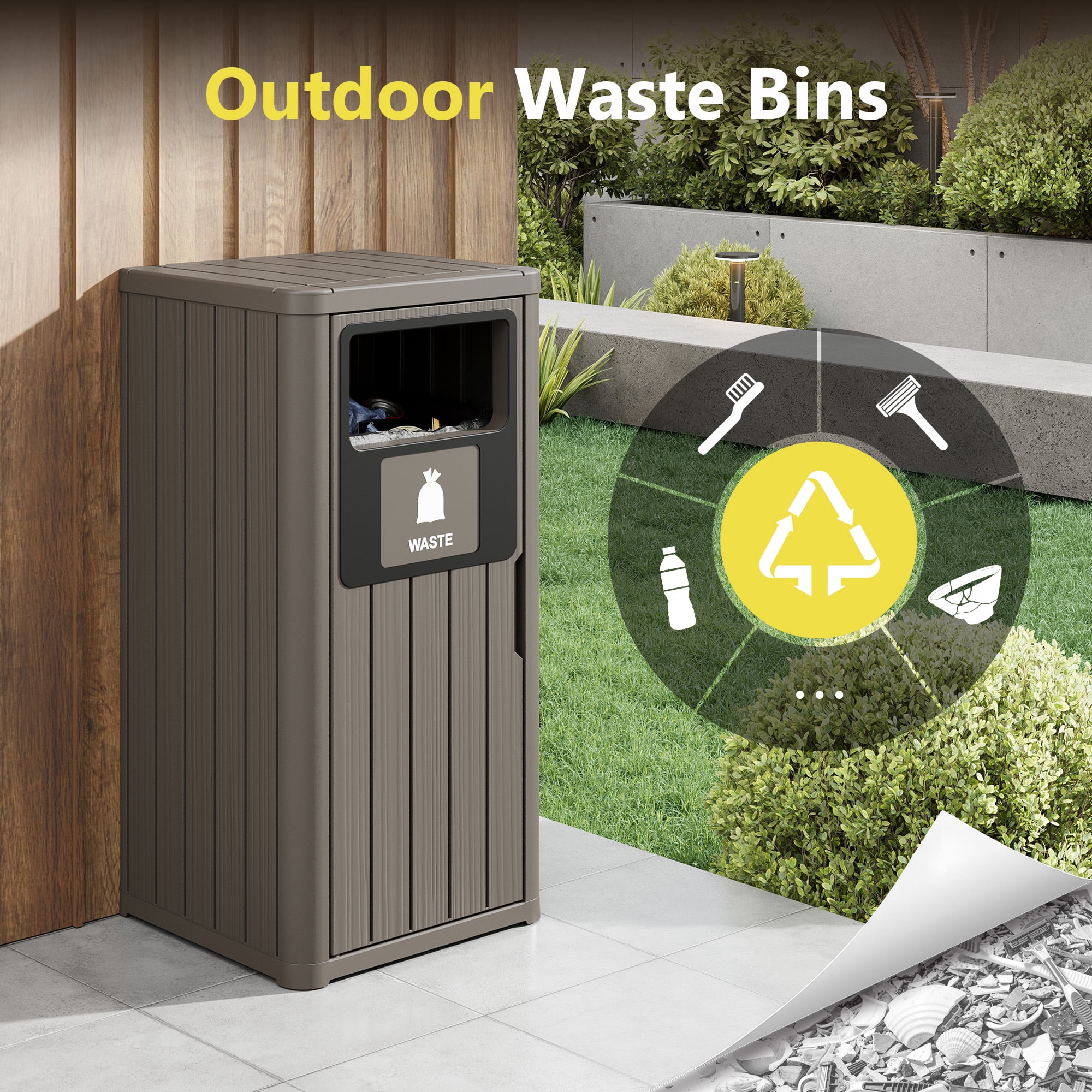 Nihsuao 42 Gallon Resin Trash Can, Durable & Waterproof Outdoor Garbage Bin with Garbage Labels, Weather-Resistant Waste Bin for Indoor Kitchen, Outdoor Porch, Backyard, (Gray, 1)