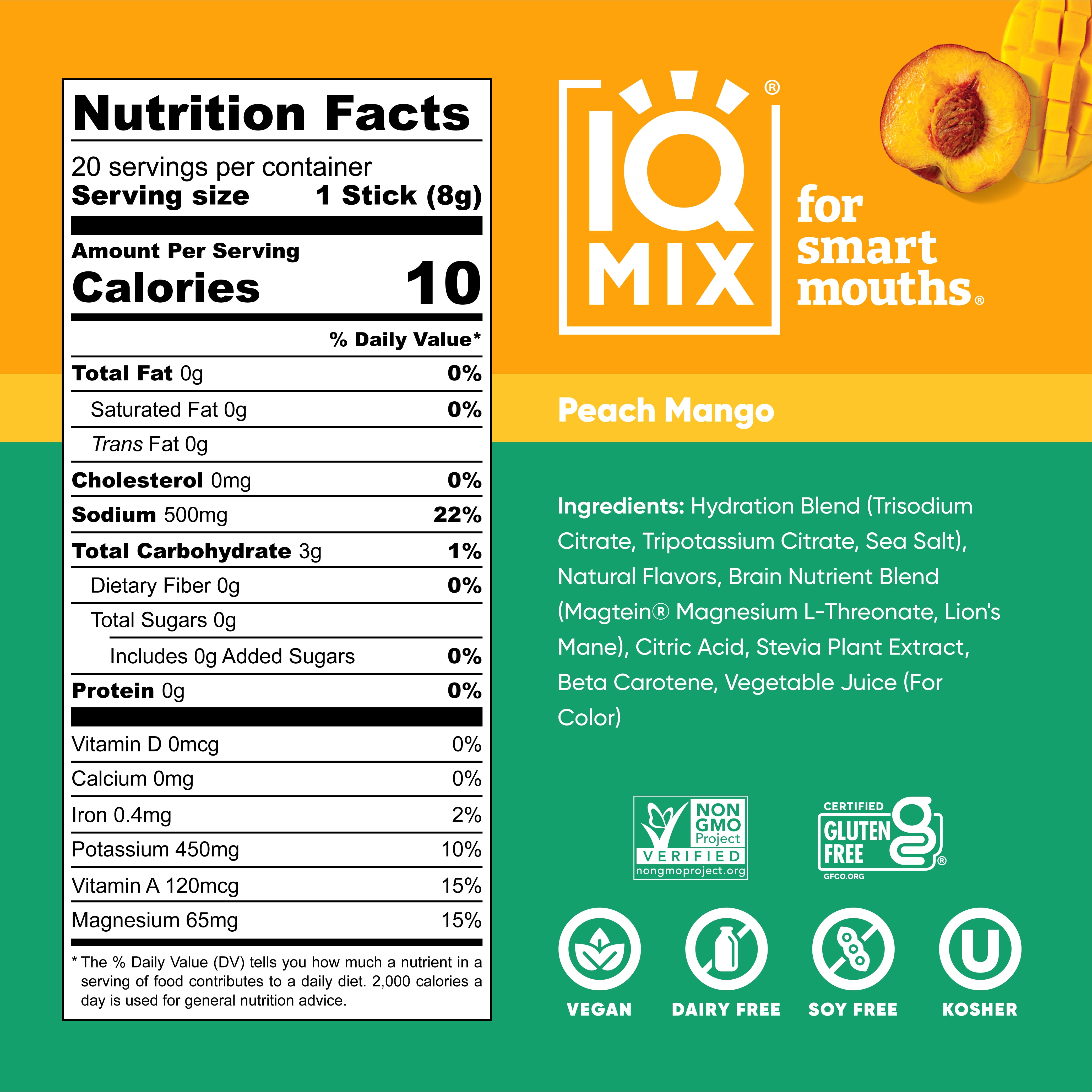 IQMIX Sugar Free Electrolyte Powder Packets - Keto Electrolytes with Lions Mane, Magnesium L-Threonate, Potassium Citrate - Peach Mango (20-Count)