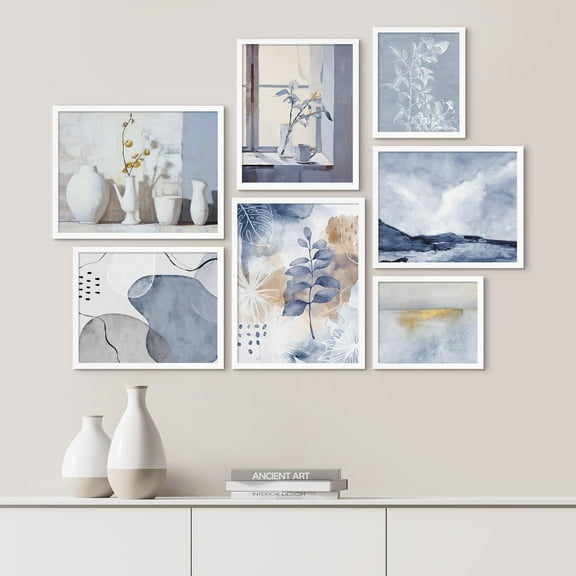 PixonSign Framed Canvas Print Wall Art Set - Mid-Century Geometric Color Blocks Poster Art - Geometric Print Gallery Set of 7 Abstract Illustrations Digital Art Wall Décor for Home - White