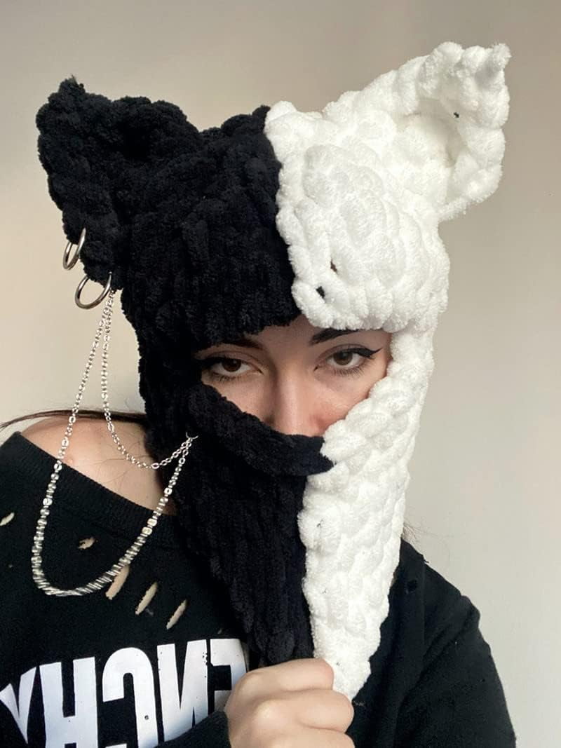 Y2k Knit Balaclava Face Mask for Women Men Bunny Ear Horn Ski Scarf Winter Warm Hat Knit Skull Beanie for Halloween