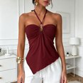 thumbnail image 2 of Domzest Womens Asymmetrical Hem Halter Tank Top Slim Fit Blackless Metal Ring Front Ruched Top Summer Tie Up Cami Tank Wine M, 2 of 7