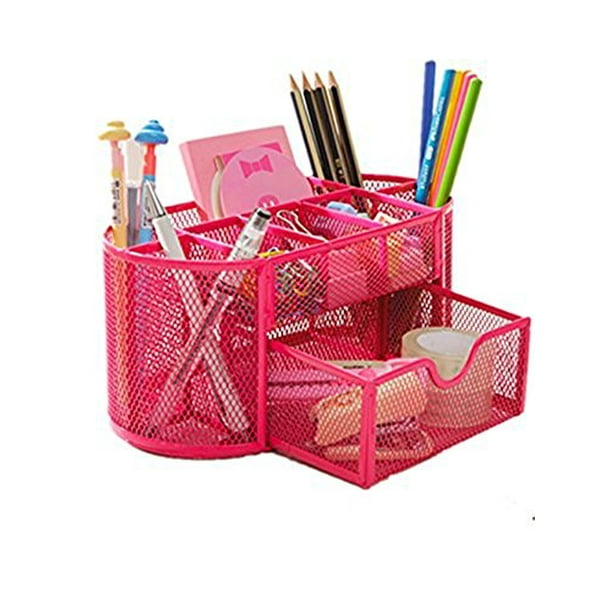Space Saving Desk Tidy Multi Functional Metal Wire Mesh 9 Compartment Office School Supply Desktop Organizer Caddy W Large Drawer Dark Pink 1 Com School Supply Desktop Organizer Caddy W, Pink School Desk Organizer