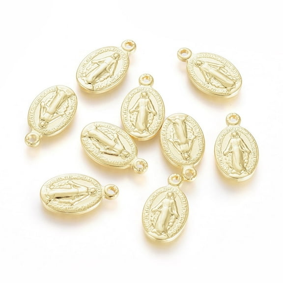 50pc Brass Charms Long-Lasting Plated Miraculous Medal Oval with Real 18K Gold Plated 14x8x1.5mm Hole: 1.2mm