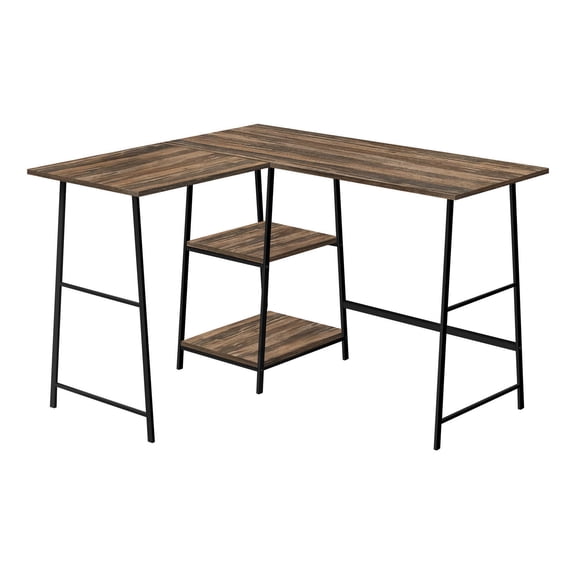 Office Desk Computer Desk, Home Office, Corner, Storage Shelves, 48"l, L Shape, Work, Laptop, Brown Laminate, Black Metal, Contemporary, Modern,Work Surface