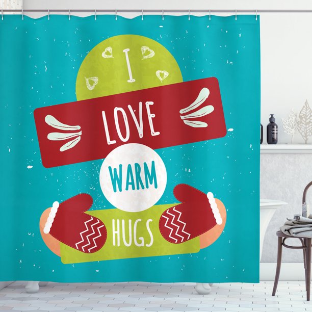 Hug Shower Curtain, I Love Warm Hugs Words with Gloved Hands Colorful