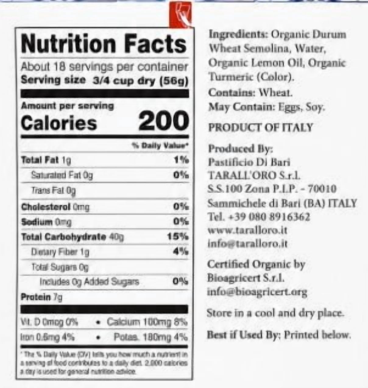 Di Bari Organic Lemon Torchietti Pasta 2.2 lb – Bronze Die Cut Italian Pasta, USDA Organic