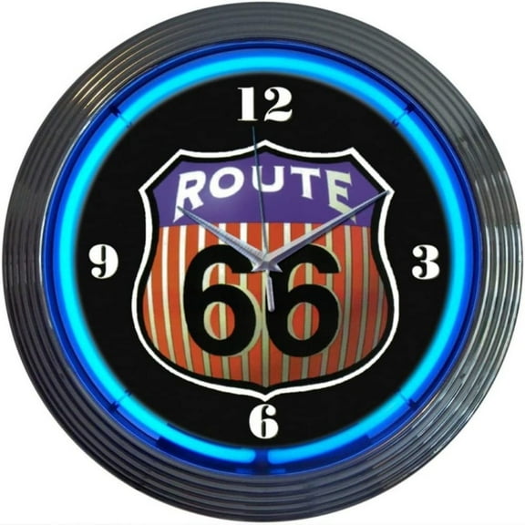 Bilot Cars and Motorcycles Route 66 Round Neon Wall Clock, 15-Inch, Chrome rim with a single ring of blue neon By Brand Bilot