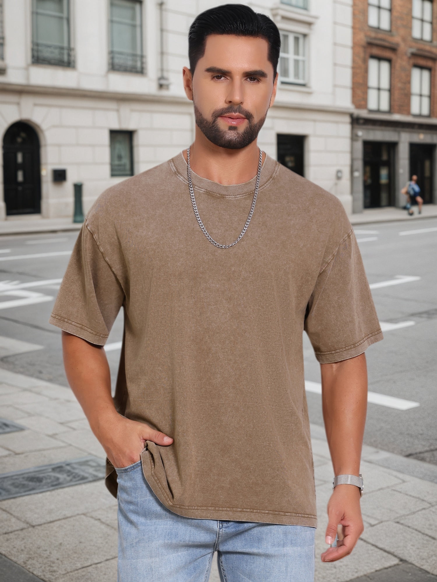 DARING DIVA Men's Retro Distressed Crew Neck Short Sleeve Solid T-Shirt 3XL Brown