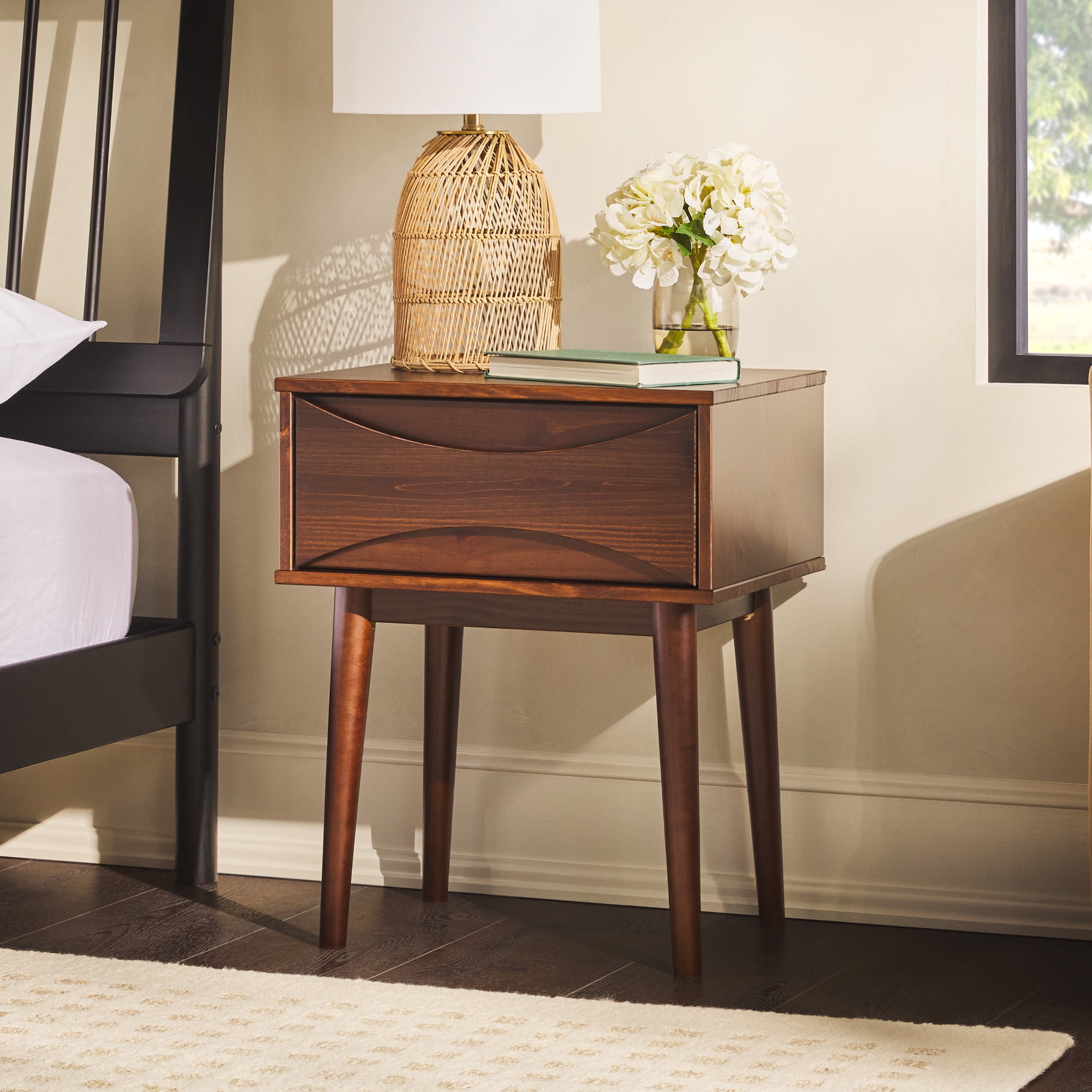 Walker Edison Mid-Century Modern Solid Wood 1-Drawer Nightstand, 2 Pack, Walnut