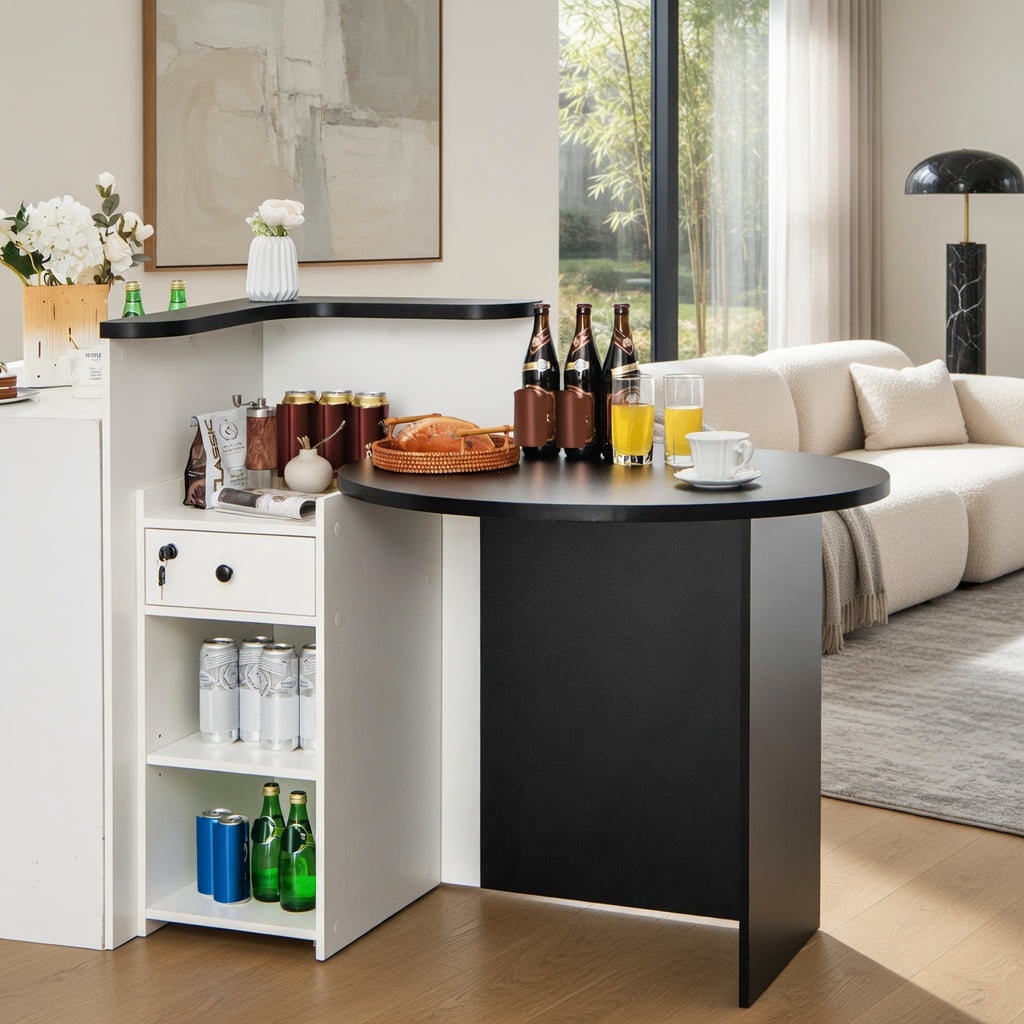 Demi Bonn Front Reception Office Desk with Open Shelf and Lockable Drawer, Small Home Computer Desk Study Writing Table, Black + White