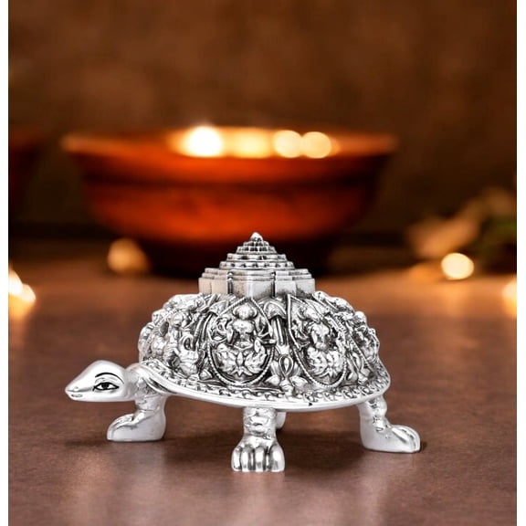 NATRIEL Silver Decorative Tortoise Figurine, Feng Shui Vastu Metal Turtle Statue, Home Decor Sculpture, (Medium)