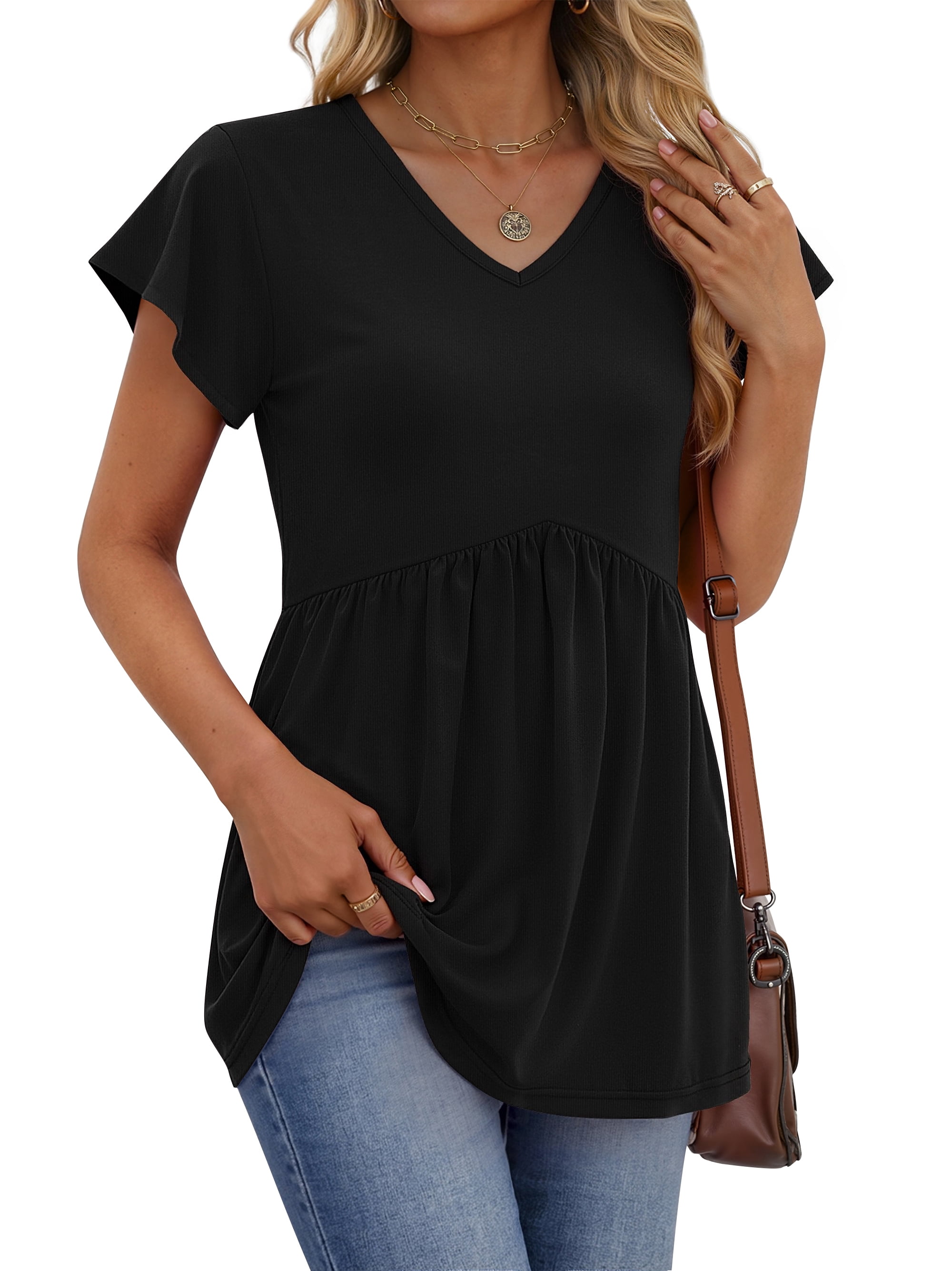 Fantaslook Womens Tops V Neck Short Sleeve Summer Shirts Babydoll Peplum Tops Tunic Dressy Casual Blouses