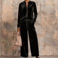 thumbnail image 3 of Textilo Velour Set for Women Long Sleeve Zip Up Top Matching Wide Leg Drawstring Pants with Pockets High Waist Outfit Cozy Loose-Fit Breathable Summer Travel Casual Activewear,Black M, 3 of 3