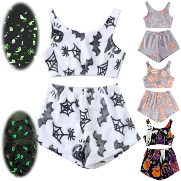 SAZBJOJN Womens Pajama Sets Halloween Glow In The Dark Pajama Set Flannel Cami Tank Top With Shorts Sleepwear Soft Pajamas for Women Set Halloween Size S Yellow