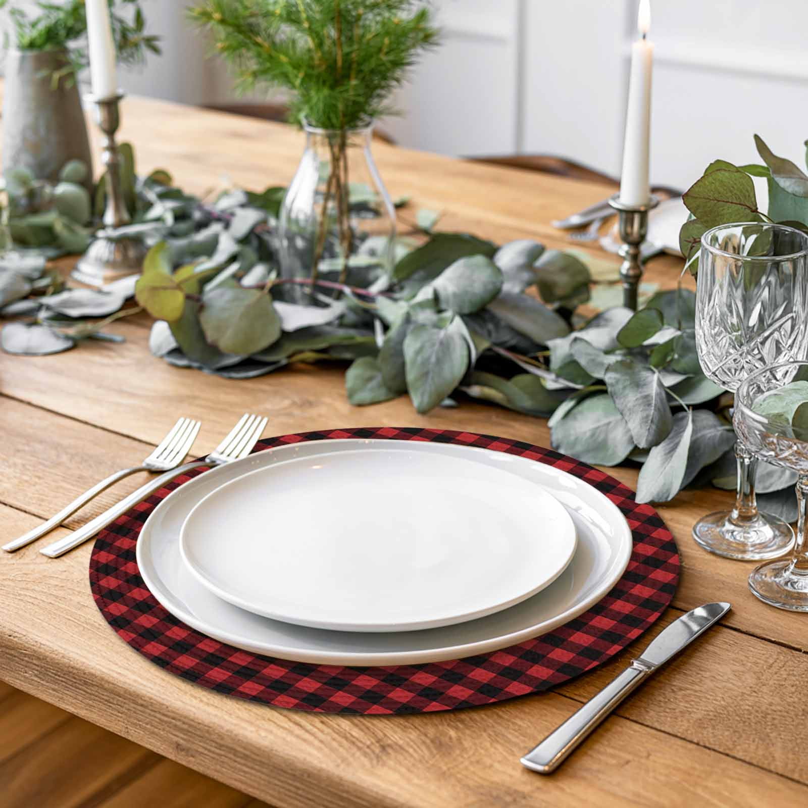 Round Woven Placemats set of 6, Rustic Red Black Buffalo Check Plaid Pattern Washable&Heat Resistant Plastic Wipeable Placemats for Round Table Christmas Kitchen Dining Table Decor, 13in,