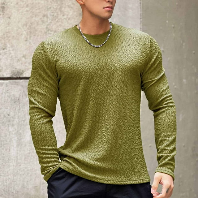 Men Fashion Solid Color Fall Style Cultivate Oneself Pullover Long Sleeved Round Neck Base Coat Top