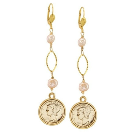American Coin Treasures Gold Overlay Faux Pearl Silver Mercury Dime Earrings