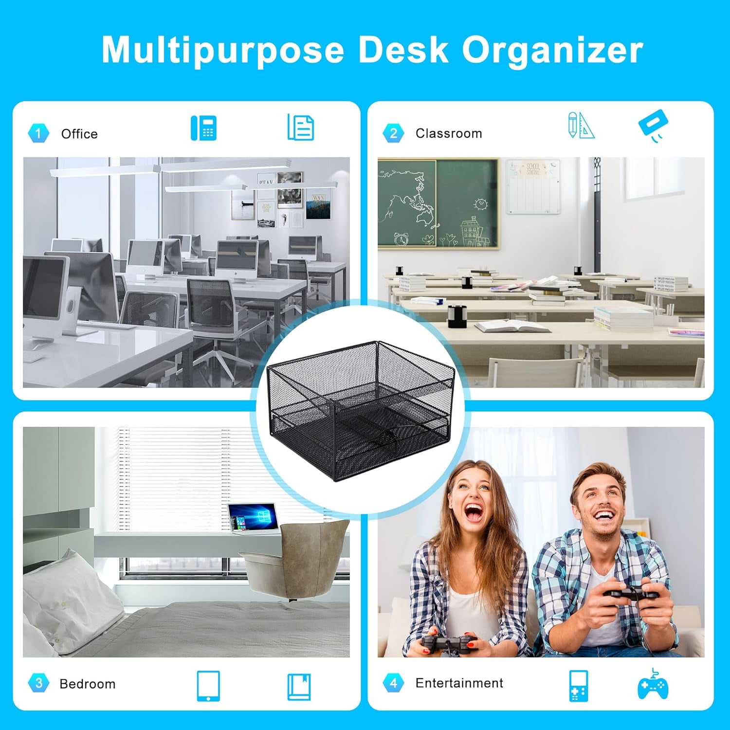 EasyPAG Adjustable Mesh Desk Organizer Tray - Removable Dividers, Multi-Purpose Storage Caddy for Office, Classroom, Home (12.2×10.16×6.69in)
