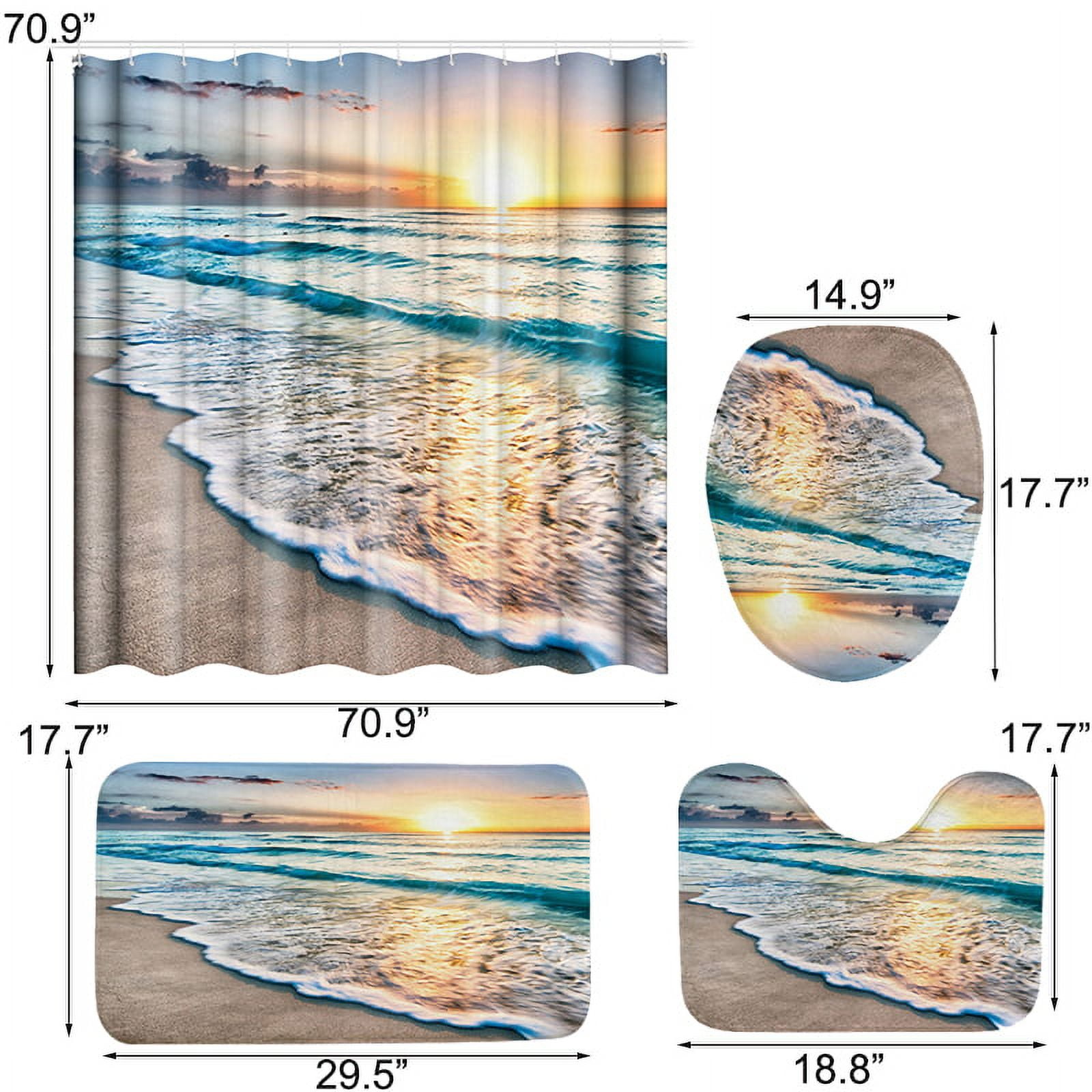 BSHAPPLUS Shower Curtain Set Sunset Beach Bathroom Sets with Shower Curtain and Rugs Waterproof Shower Curtain 12 Hooks for Bathroom 70.9 x 70.9 inches
