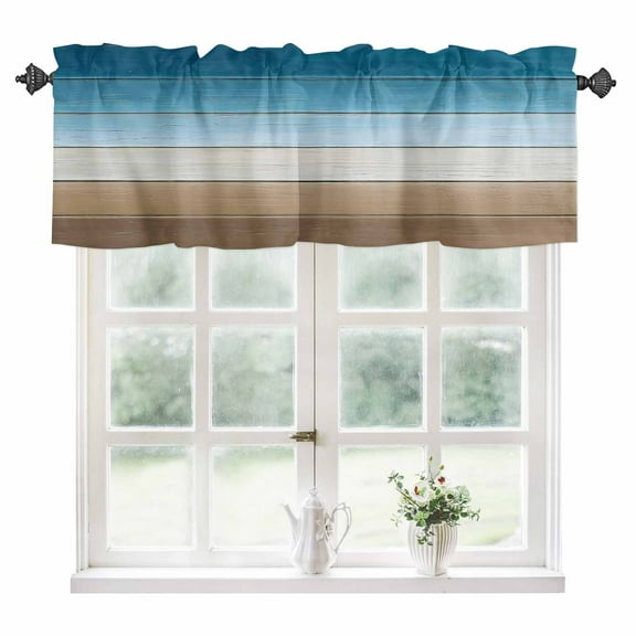 Blue Beige Brown Kitchen Valances for Windows 42x12 Inch Kitchen Curtains Valances Rod Pocket Country Retro Gradient Wooden Grain Bathroom Window Valances for Window Treatment Decor