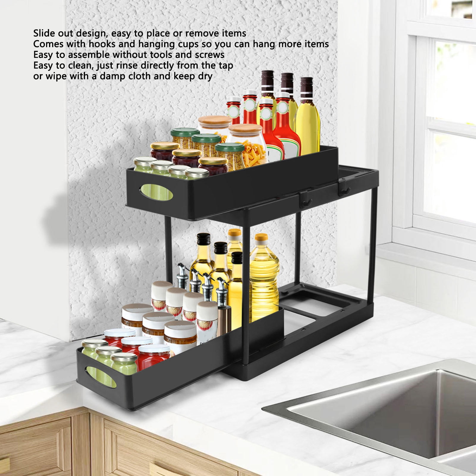 LAZIOEGR Premium 2-Tier Under Sink Organizer, Sliding Pull-Out Cabinet Storage Shelf Basket Rack for Bathroom Kitchen and Laundry Room, Matte Black (16.14 inches / 41 cm)