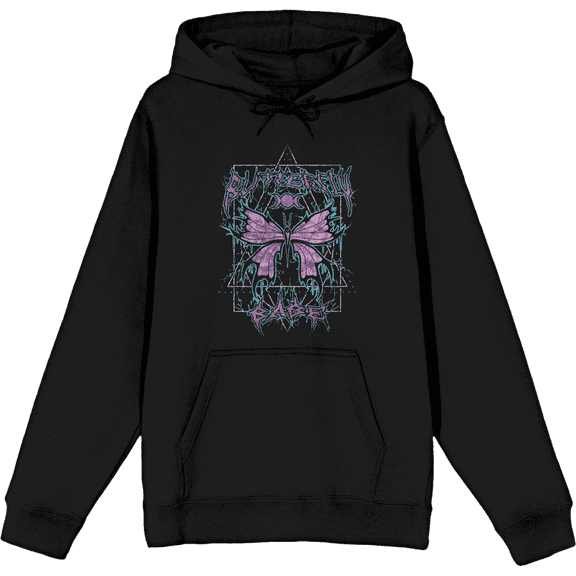 Distressed Black Metal Butterfly Adult Black Long Sleeve Hoodie-Medium
