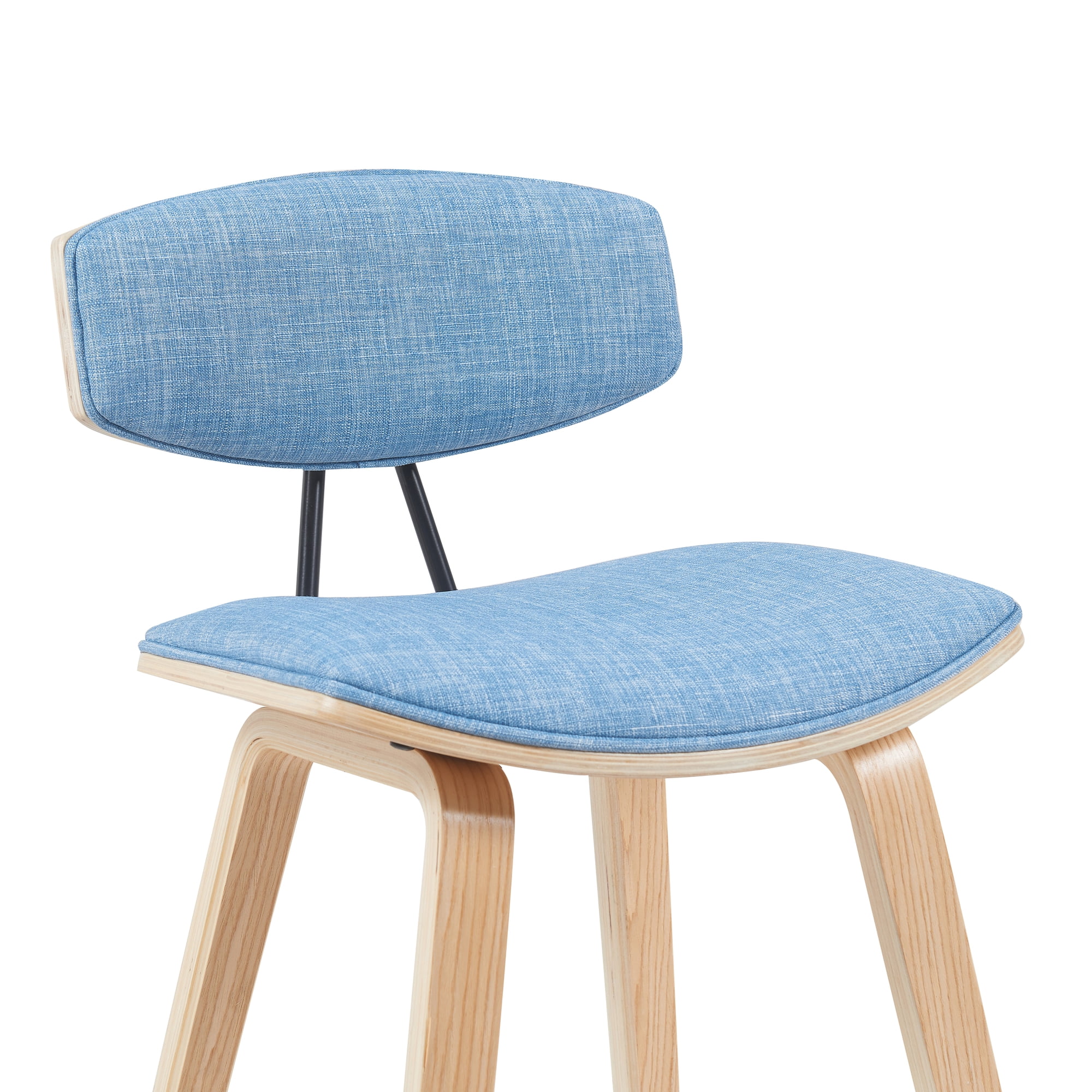 Fox Modern Swivel Counter Height Bar Stool with Light Blue Upholstered Seat and Patterned Oak Wood Frame