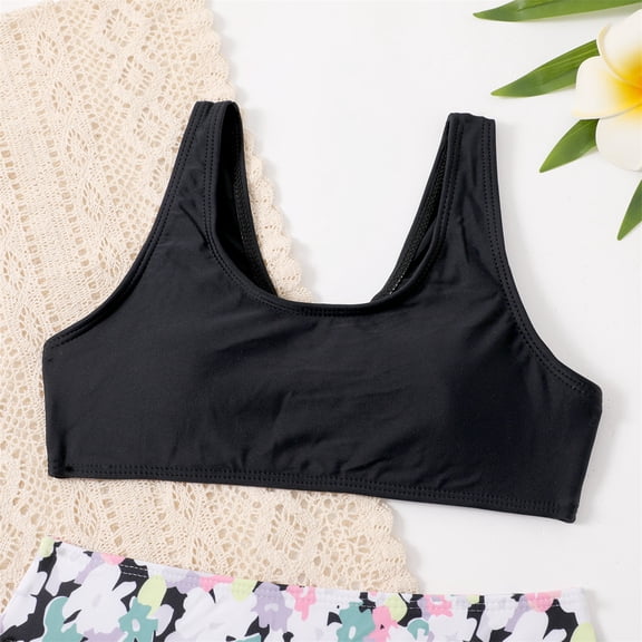 Vedolay Girl's Swimsuits Swimsuit for Girls 3 Piece Bathing Suits Tie Dye Knot Ruffle Trim Bikini Swimsuit with Beach Skirt Set,Black 8-9 Years