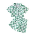 thumbnail image 2 of Aojekbee Toddler Girl Boy Summer Outfits Checkerboard Print Short Sleeve Lapel Button Down T-Shirt Elastic Waist Shorts Sets, 2 of 10