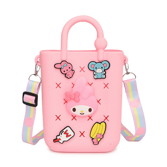 Silicone Small Rubber Beach Bag with 5 Charms, Hole Handbag With Adjustable Shoulder Strap, Mini Tote Bags for Little Girls