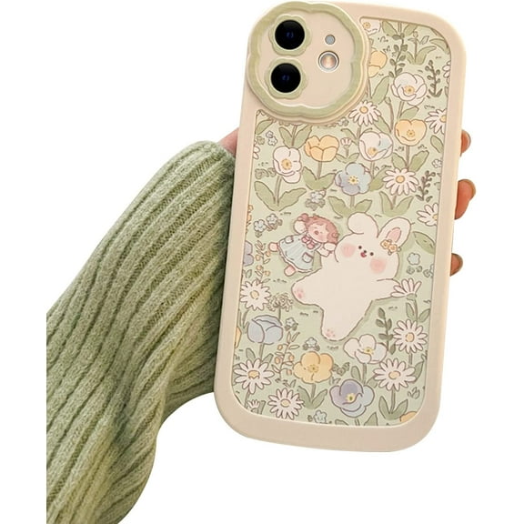 Compatible with iPhone 12 Case with Cute Rabbit Flowers Floral Pattern for Girls Soft Silicone Cute Flower Lens Protection Case for iPhone 12 -White