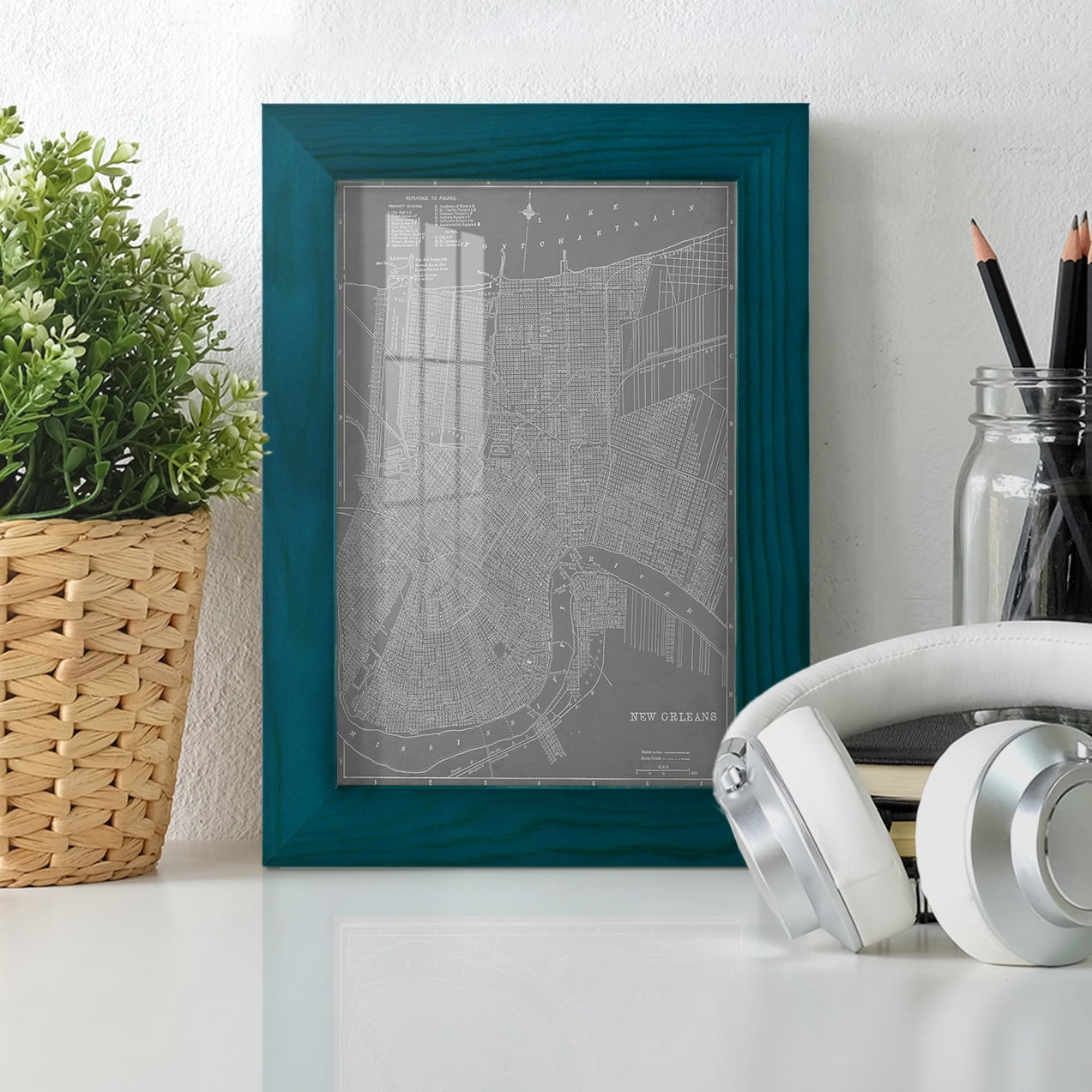 City Map of New Orleans -Framed Print w/glass-Ocean Blue