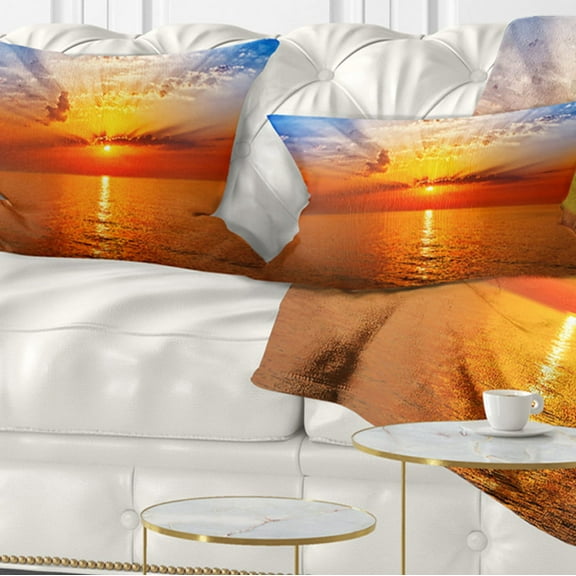 Designart Orange Sea Sunrise under Blue Sky - Seashore Throw Pillow - 12x20