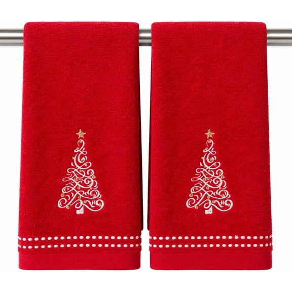 Serafina Home Luxury Holiday Christmas Hand Towel Set: Contemporary Elegant White Tree, Velour Terry Red Towels Set of 2