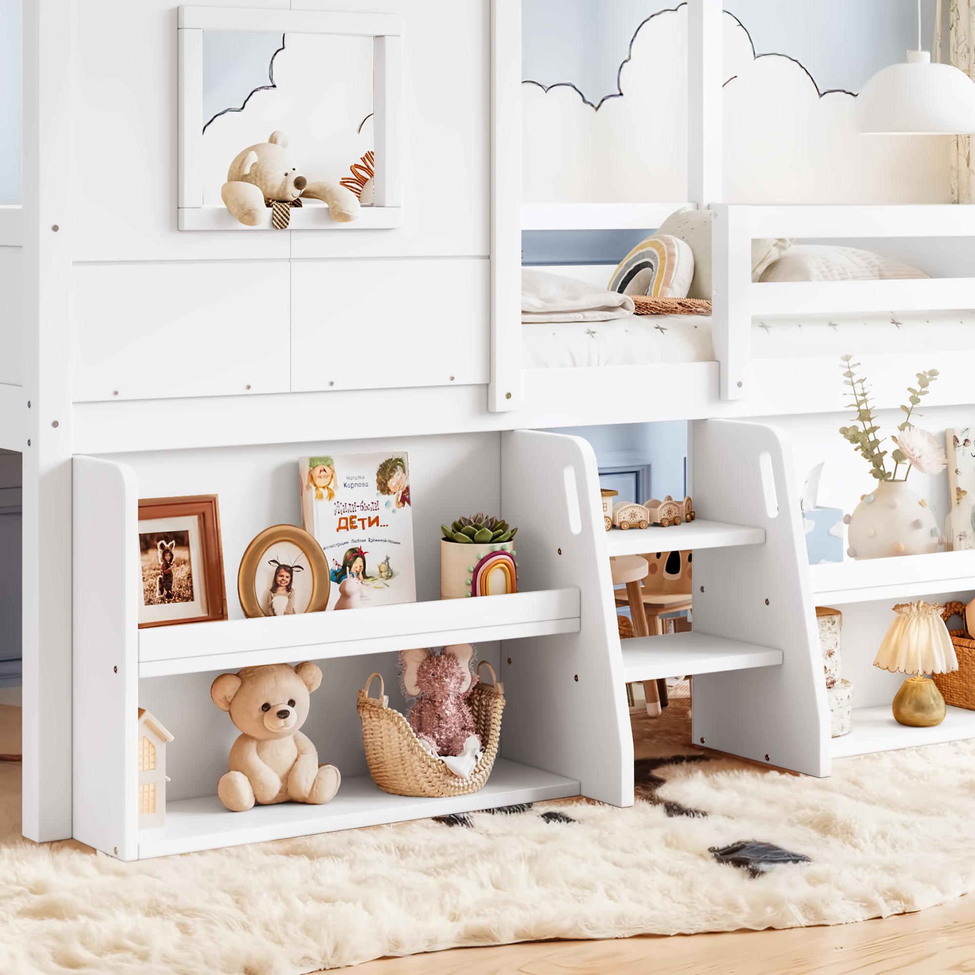 Leumius Twin Size Loft Bed with Storage Shelves and Stairs, House Loft Bed with Playhouse Shape Roof and Window, Childlike and No Box Spring Needed Design, White