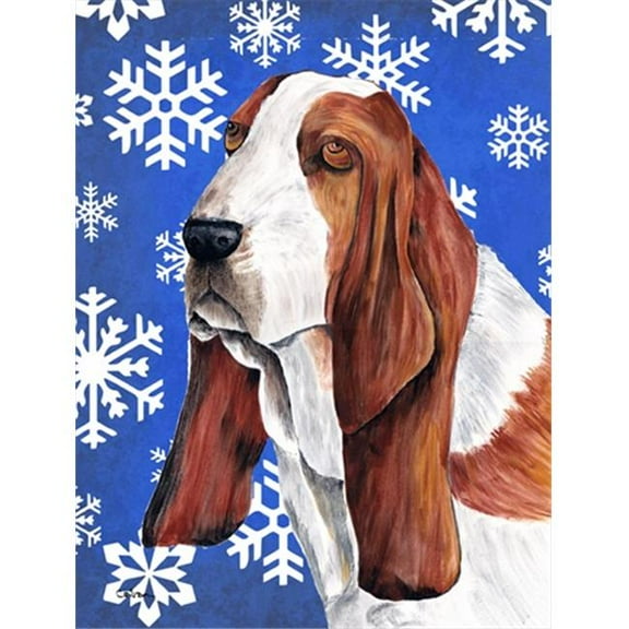 11 x 15 in. Basset Hound Winter Snowflakes Holiday Garden Size Flag