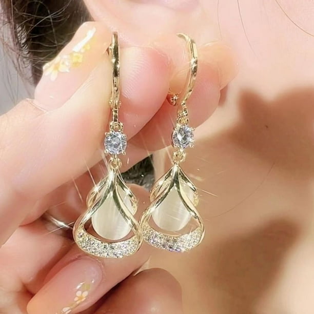 Pendientes geométricos de lujo ligeros con forma de ojo de gato y piedra de gran sentido, estilo atmosférico, pendientes delgados con forma de gota de agua