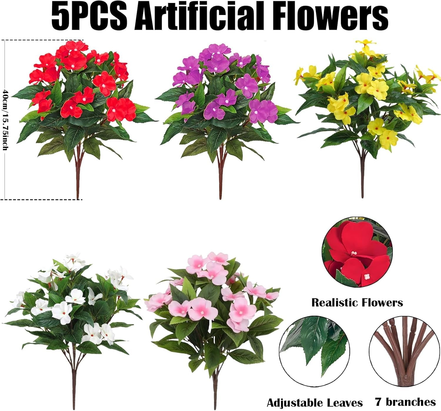 5PCS Artificial Impatiens Bouquet Flowers for Outdoors Silk Faux Flowers Fake Planters UV Resistant Summer Indoor Decor Garden Porch Patio Window Balcony (Mix Pink Red Purple Yellow White)