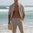 thumbnail image 5 of VBTAPA Mens Linen Sets 2 Piece Outfits Long Sleeve Beach Vacation Set Solid Color Button Down Shirts and Drawstring Long Pants Yoga Track Suit with Pockets Lightning Sale of The Day Khaki XXL, 5 of 6