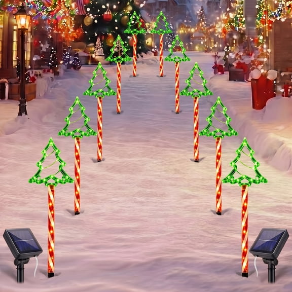 10 Pack Solar Christmas Tree Pathway Lights, 140 LEDs, 8 Modes, Waterproof Outdoor Garden Stake Lights for Walkway, Yard, Porch, Christmas Holiday Decorations