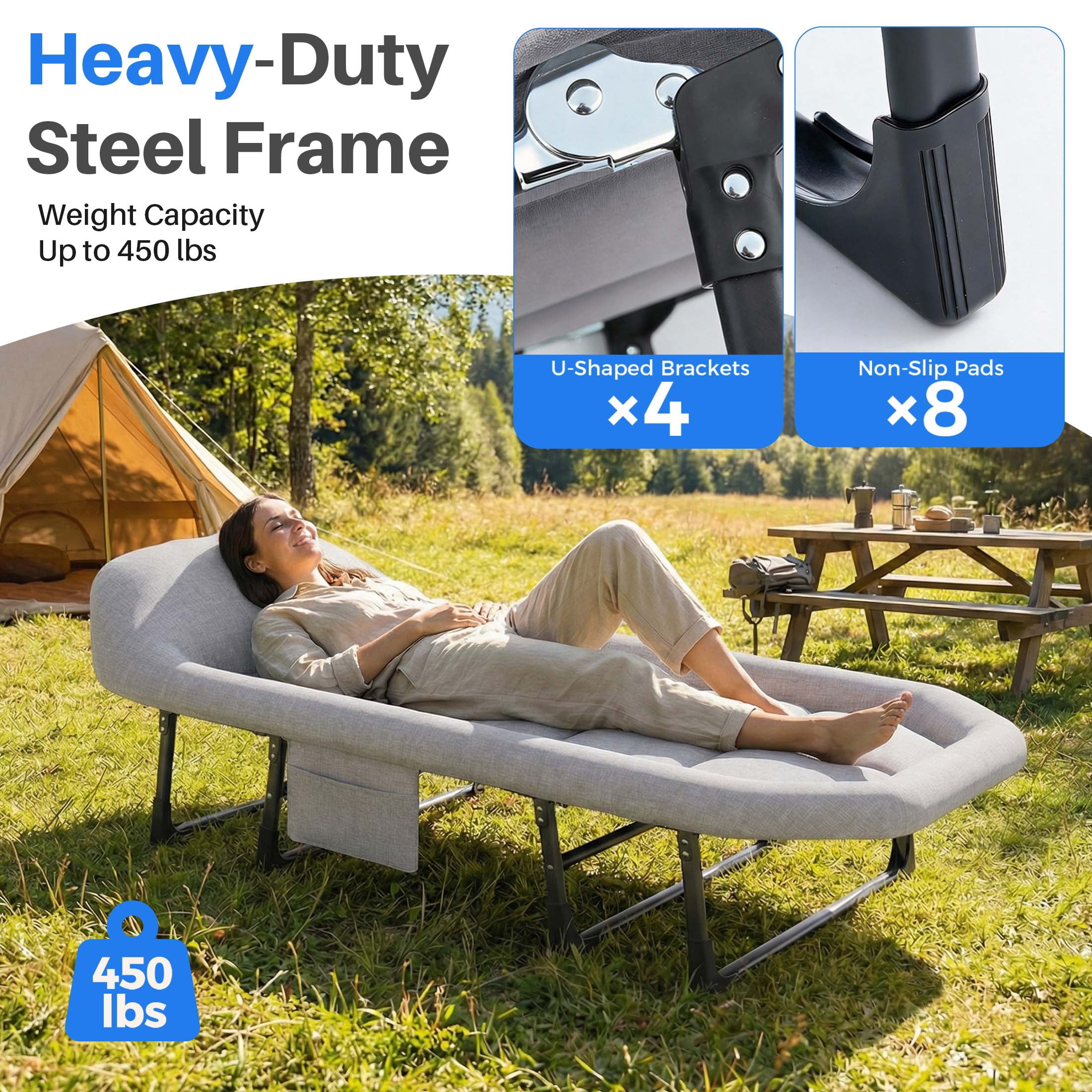 JIOABL Folding Camping Cot for Adults with Headrest & Mattress, 71 Inch Portable Sleeping Bed for Camping, Travel, Gray