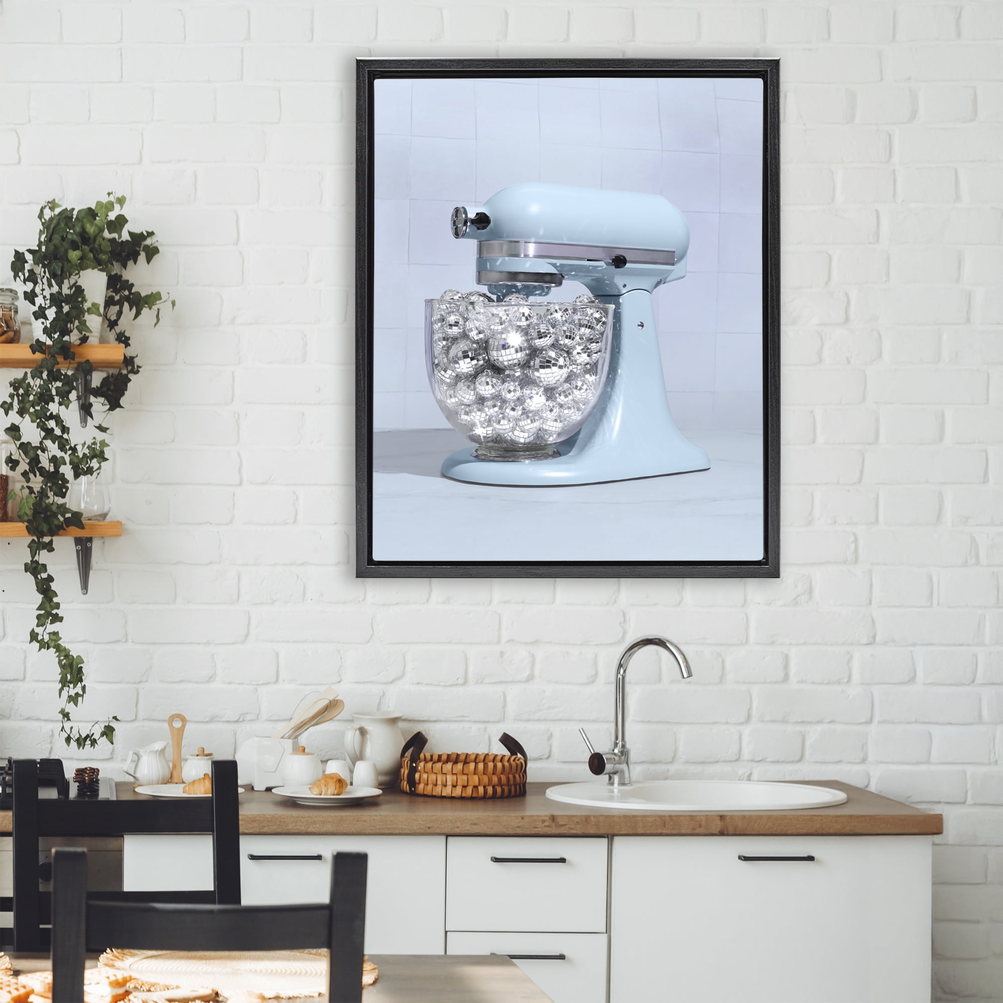 Stupell Industries Disco Kitchen Mixer over Blue Black Framed Floater Canvas Wall Art, design by LISH Creative