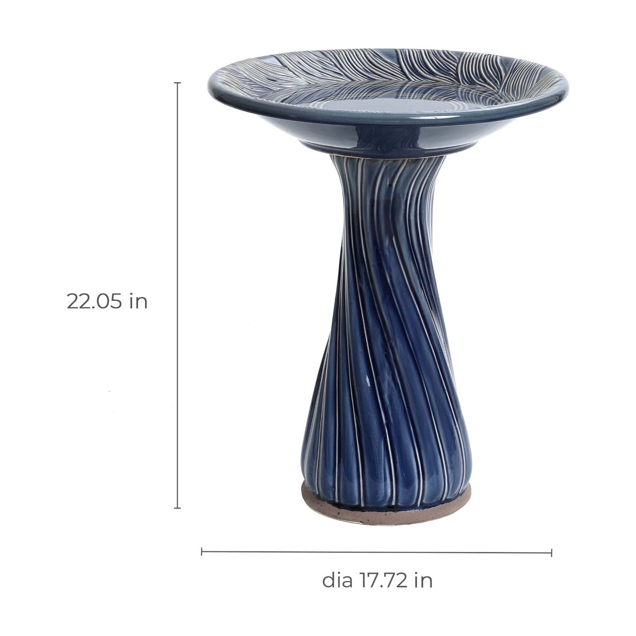 LuxenHome Blue Leaves and Swirl 22-Inch Tall Ceramic Birdbath